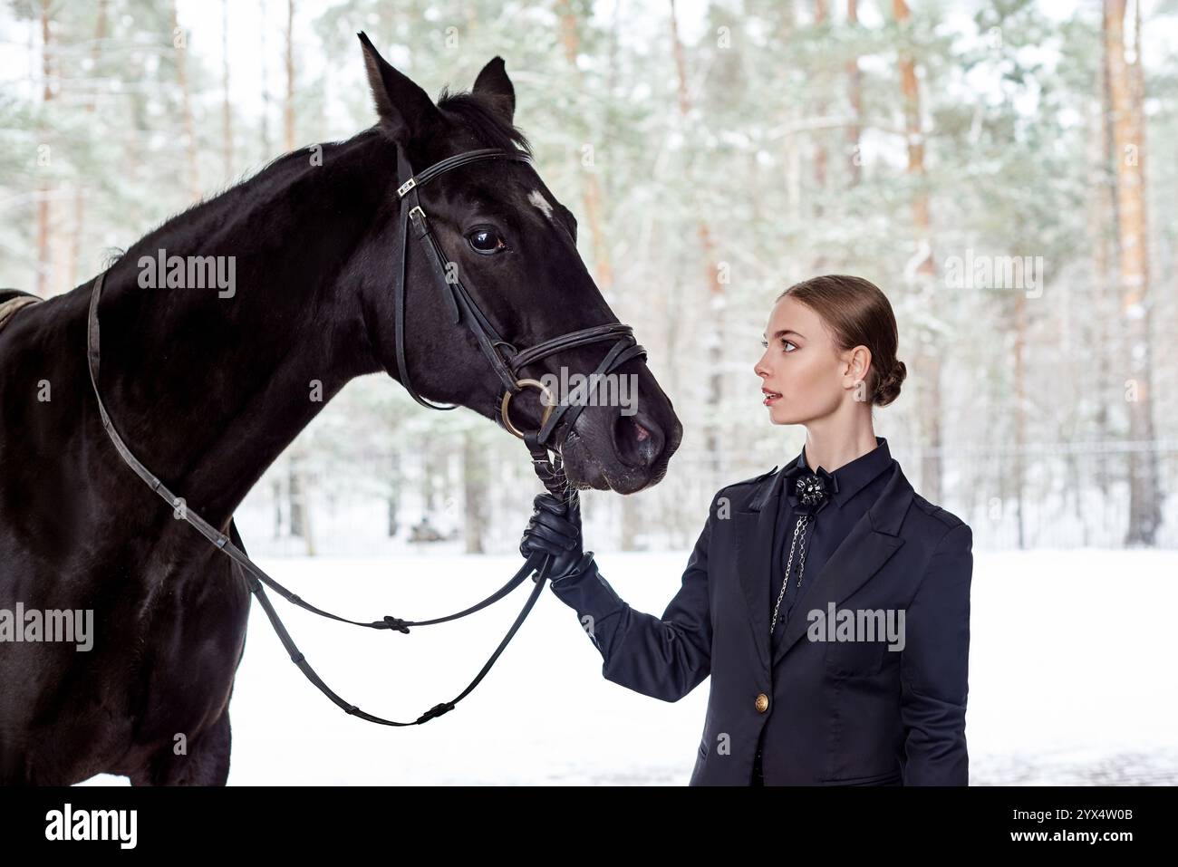 Primo piano di un'elegante donna equestre con un cavallo nero in una foresta innevata. Eleganza, natura e legame tra uomo e animali Foto Stock