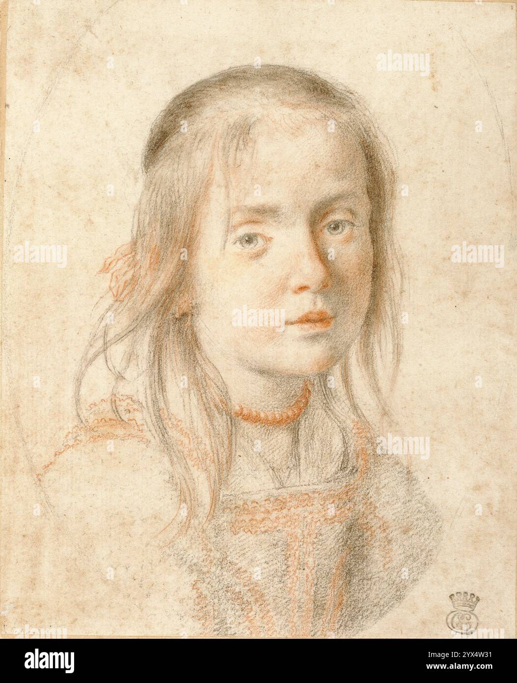 Ritratto di una ragazza, intorno al 1665. Ulteriori informazioni: Il filo di perle che circonda il collo, la catena appesa sotto il corpetto e il suo abito ricamato fanno pensare che la ragazza appartenga a una famiglia di classe superiore, ma non si sa più nulla della sua identità. La ragazza guarda fuori dagli occhi grandi. I suoi capelli molli e lunghi sulle spalle sono trattenuti con un nastro e le labbra rovesciate rivelano una leggera traccia di sorriso. Foto Stock