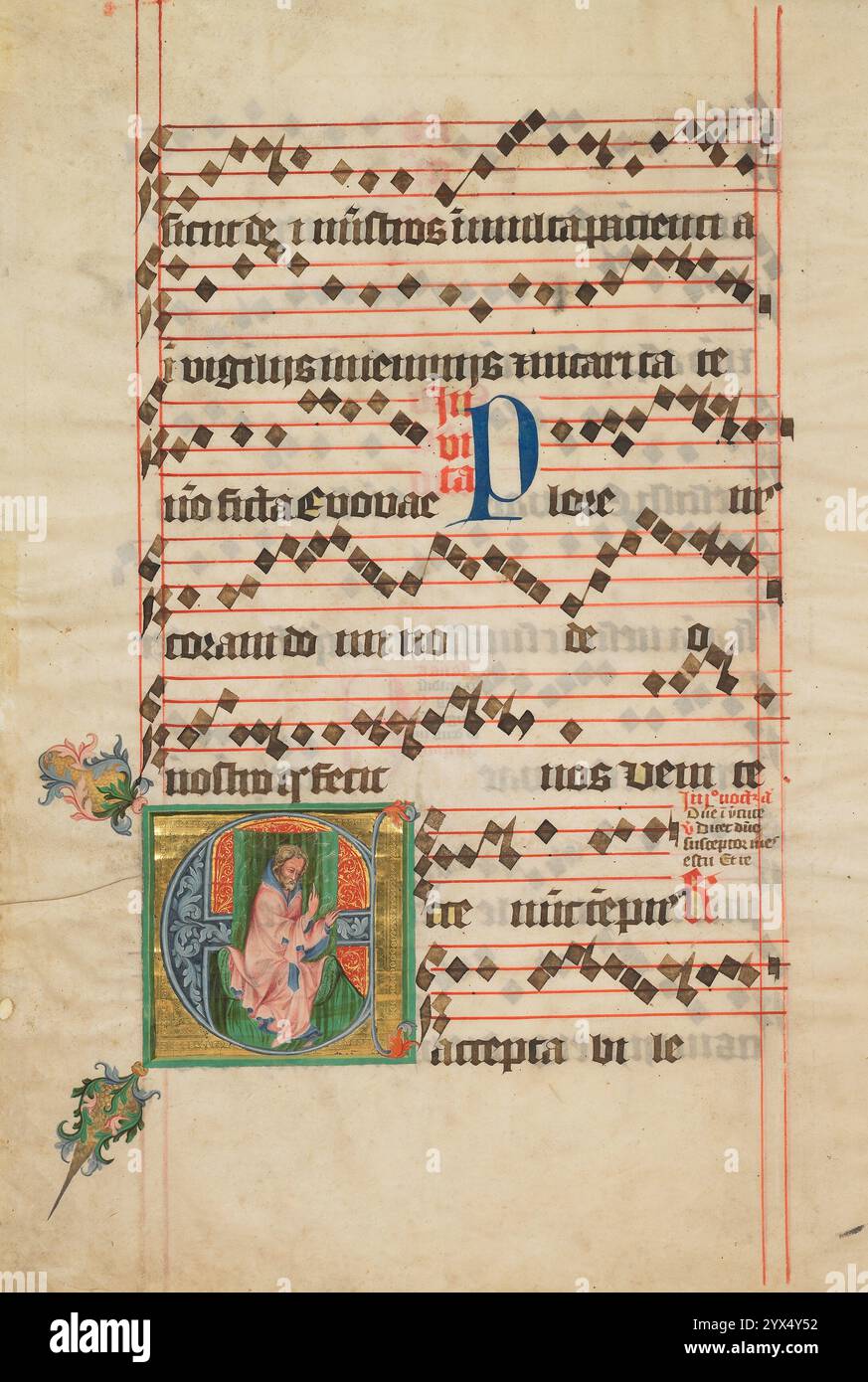 Iniziale e: Il profeta Isaia, intorno al 1405. Ulteriori informazioni: Il profeta Isaia siede sul trono davanti a un lussuoso tessuto verde, decorato con delicati uccelli, il che significa la sua importanza. Alza la mano destra per enfatizzare la frase latina che la lettera introduce, "Ecce nunc tempus accettabile" (ora è il momento accettabile), un passaggio biblico che inizia che il momento della salvezza è a portata di mano. Foto Stock