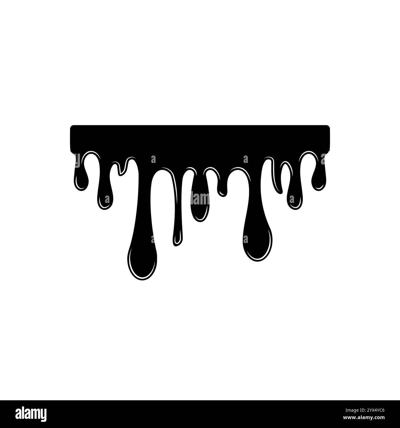 Gocce di fusione nera. Il liquido fluisce dall'alto. Gocce di vernice liquida disegnate a mano su uno sfondo isolato. Flusso, versamento, gocciolamento. Ill vettoriale Illustrazione Vettoriale