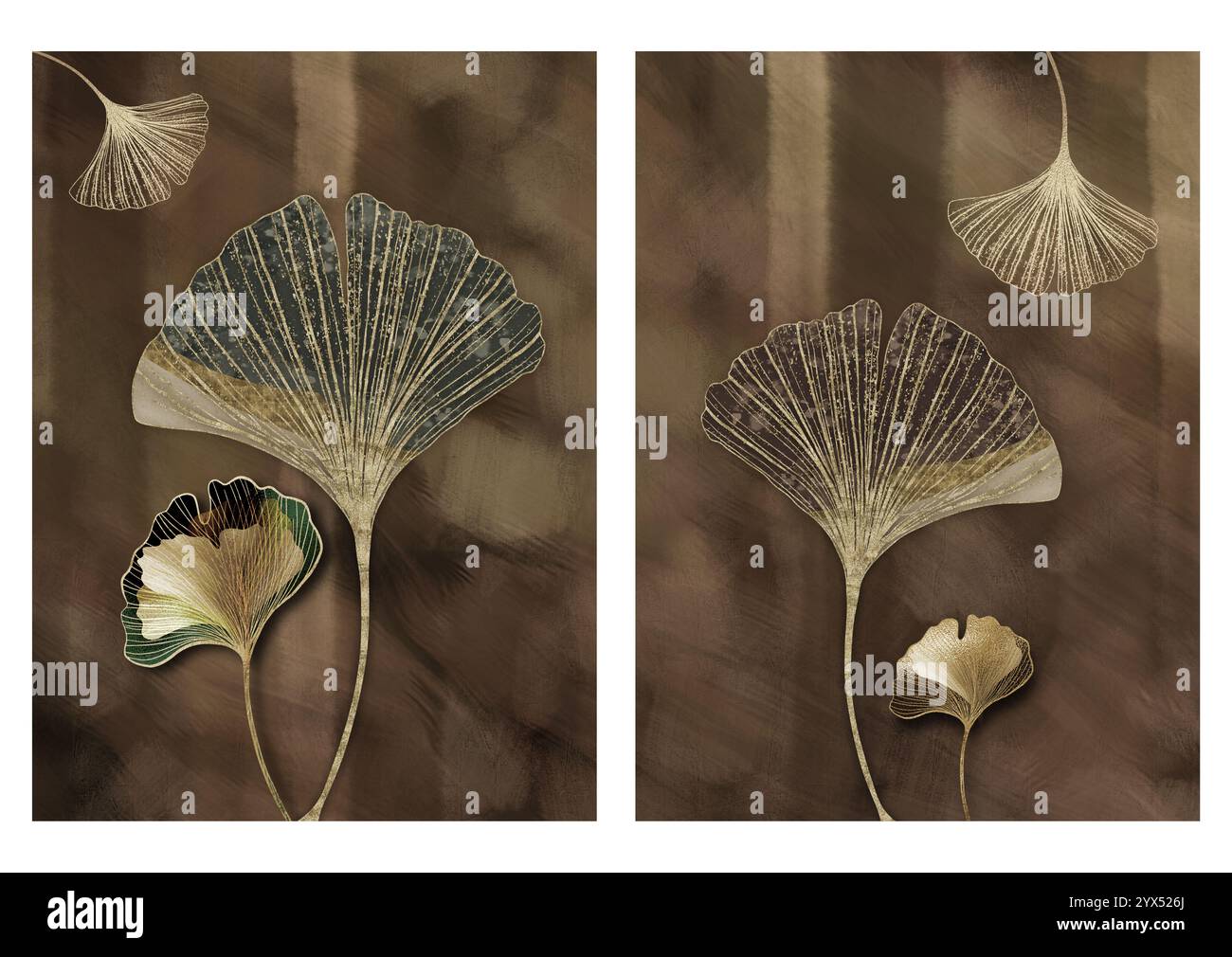 Realistico oro, fiori di rosa marroni, rami di foglie d'oro e di bianco cespuglio e illuminazione cinematografica su sfondo pittorico. telaio a parete 3d digitale Foto Stock