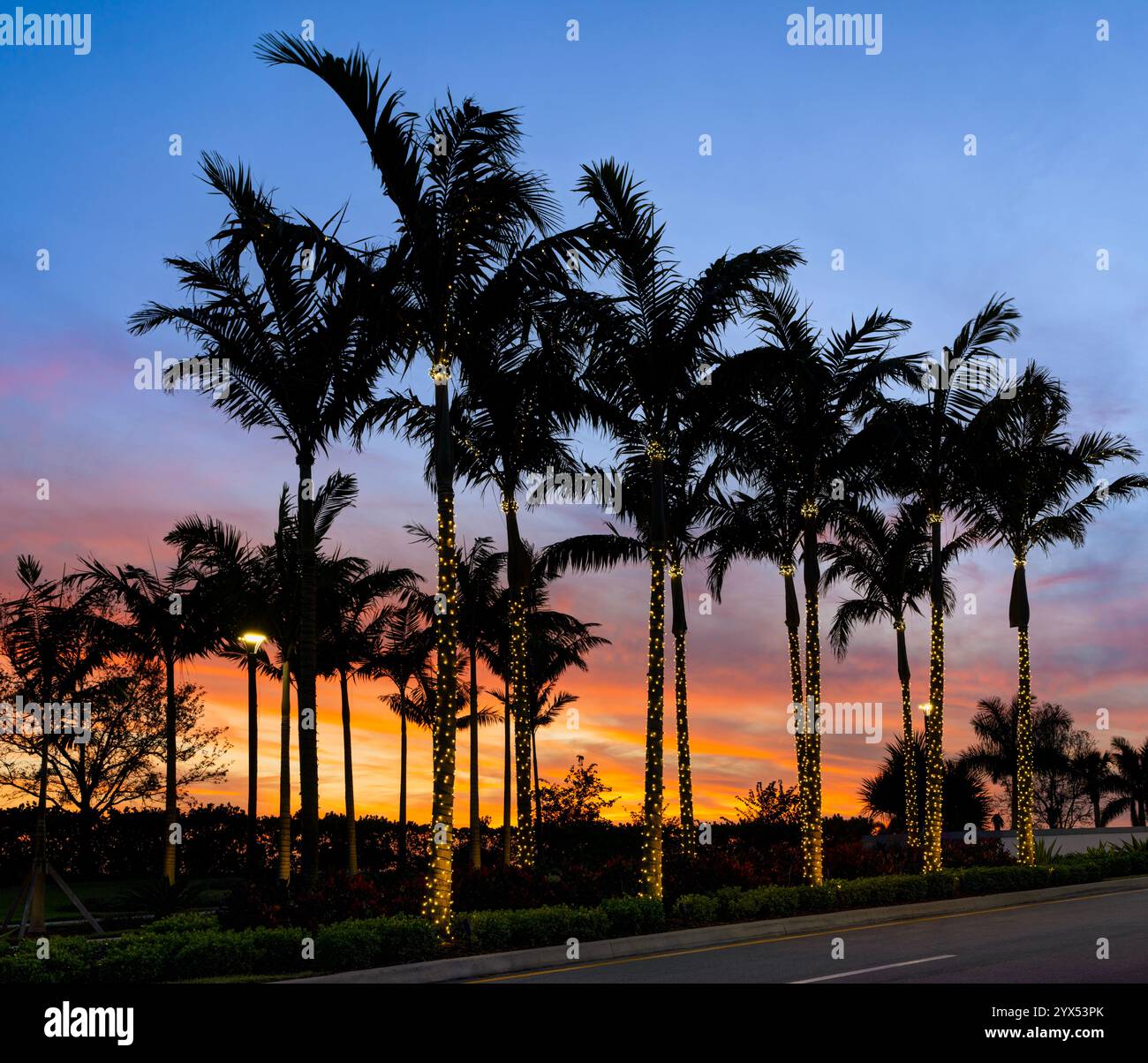 Ingresso alla passeggiata di Valencia sul lungofiume. Tramonto, ora di Natale. Port St. Lucie, Florida, Stati Uniti Foto Stock