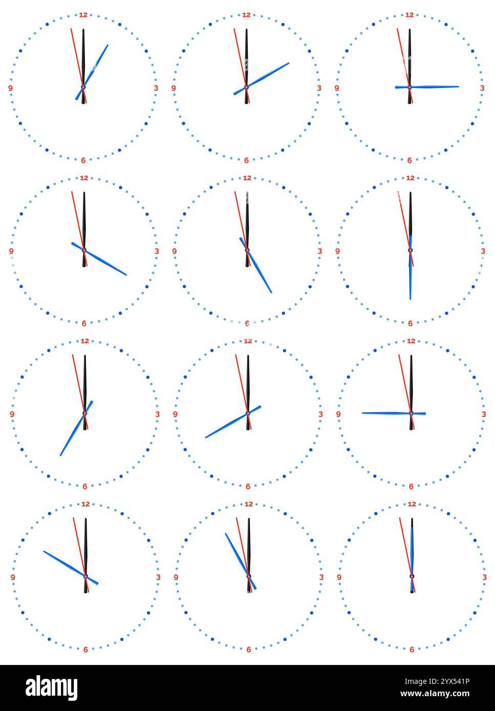 Una serie di orologi meccanici con un'immagine di ciascuna delle dodici ore. Quadrante dell'orologio su sfondo bianco. Illustrazione Vettoriale