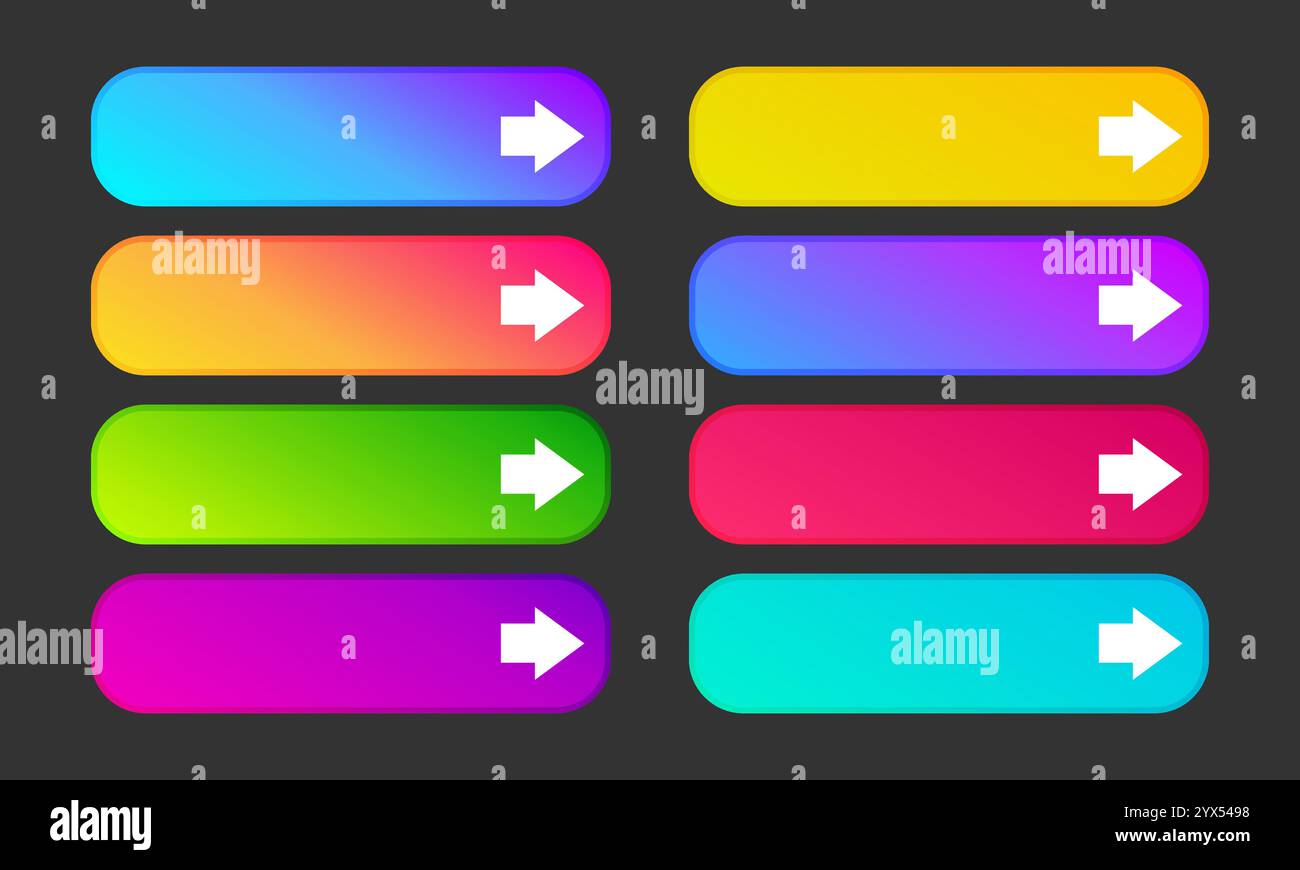 Pulsanti colorati per sfumature con frecce. Set di otto moderni pulsanti Web astratti. Illustrazione vettoriale Illustrazione Vettoriale