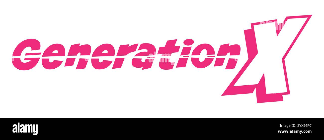 Logo Generation X con un'audace tipografia rosa in stile retrò. Questo design grafico dinamico è perfetto per il branding, il marketing o il digitale creativo Illustrazione Vettoriale