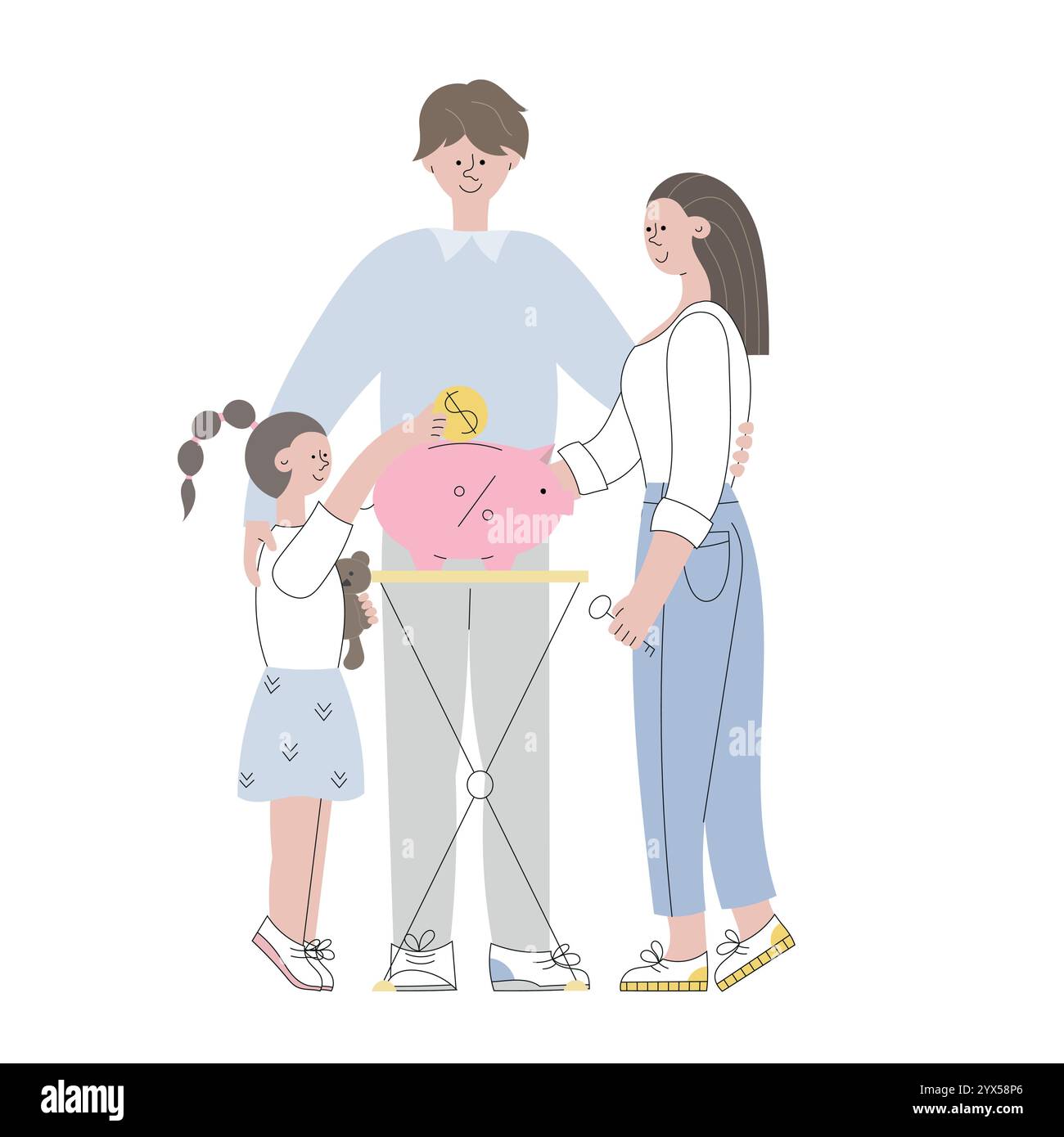 La famiglia con il bambino risparmia denaro per acquistare una nuova casa o un appartamento. Investimenti, gestione finanziaria semplice illustrazione vettoriale di cartoni animati piatti. Debito bancario Illustrazione Vettoriale