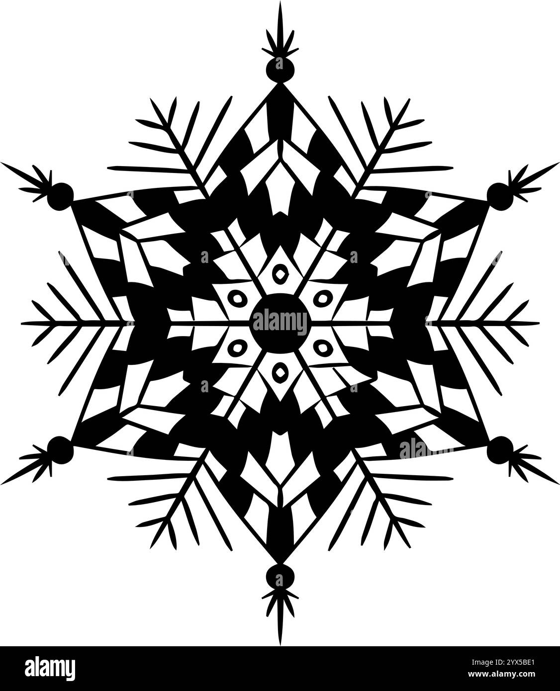 Elemento di design isolato di Snowflake Mandala, illustrazione grafica della linea geometrica. Zen Doodle art, schizzo monocromatico per colorare la pagina del libro, tessuto fabr Illustrazione Vettoriale