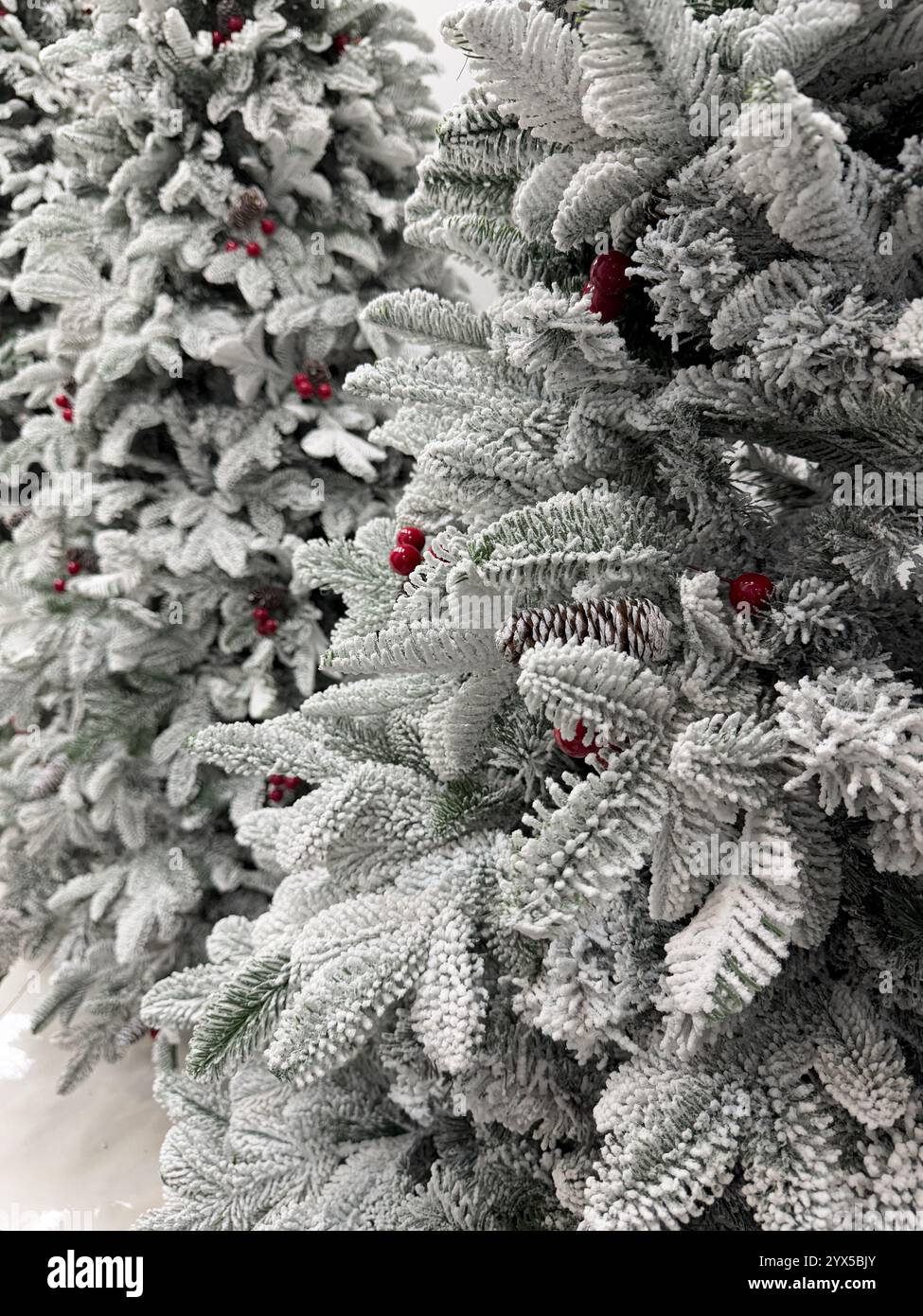 Questa fotografia diurna cattura un primo piano di alberi di Natale artificiali ricoperti di neve, i loro rami adornati da vivaci bacche rosse. Il n Foto Stock