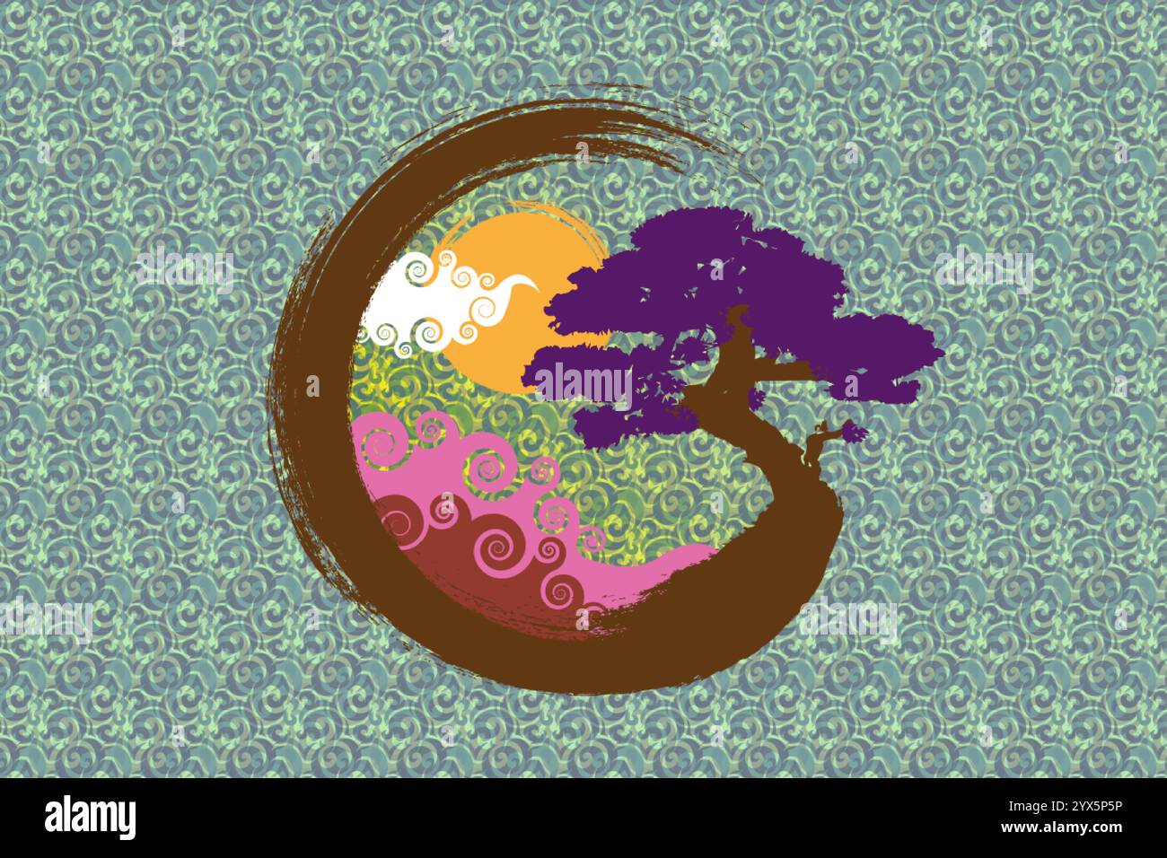 Paesaggio giapponese su Enso Zen Circle, albero Bonsai e grande sole rosso, disegnato a mano con inchiostro colorato in sumi-e tradizionale stile orientale, logo Vector Illustrazione Vettoriale