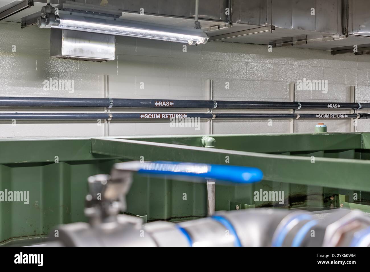Tubi in plastica all'interno di un nuovo impianto di trattamento delle acque reflue di piccole dimensioni etichettato Sum Return e RAS. Foto Stock