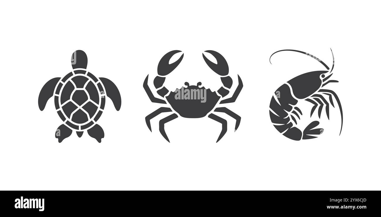 Set vettoriale di icone marine dalla silhouette nera con tartaruga, granchio e gamberi su sfondo bianco Illustrazione Vettoriale