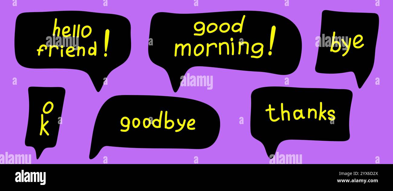 Bolle nere con parole gialle, parole disegnate a mano e scritte a mano Illustrazione Vettoriale