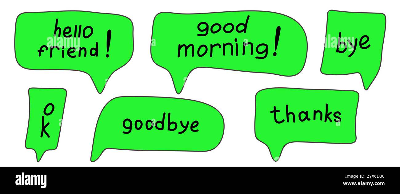 Bollicine verdi con parole disegnate a mano e scritte a mano Illustrazione Vettoriale