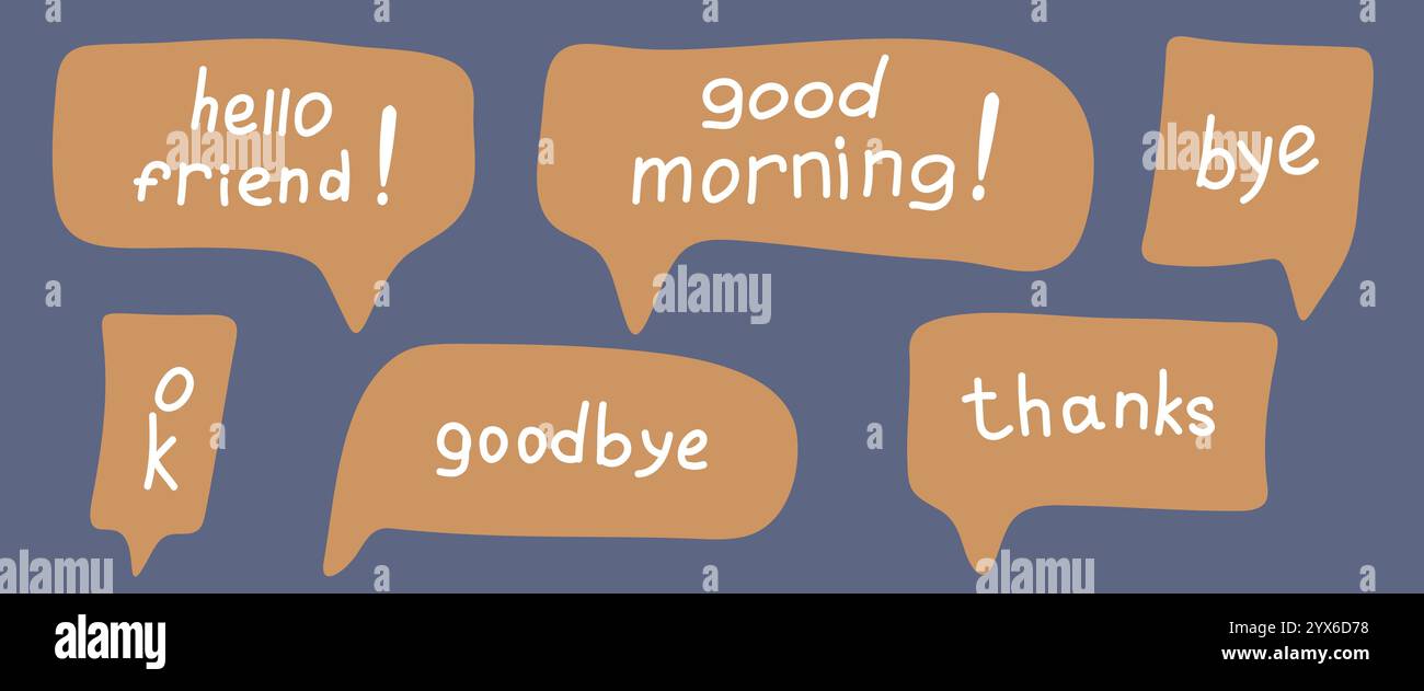 Bolle di parole marroni con parole disegnate a mano e parole scritte a mano Illustrazione Vettoriale