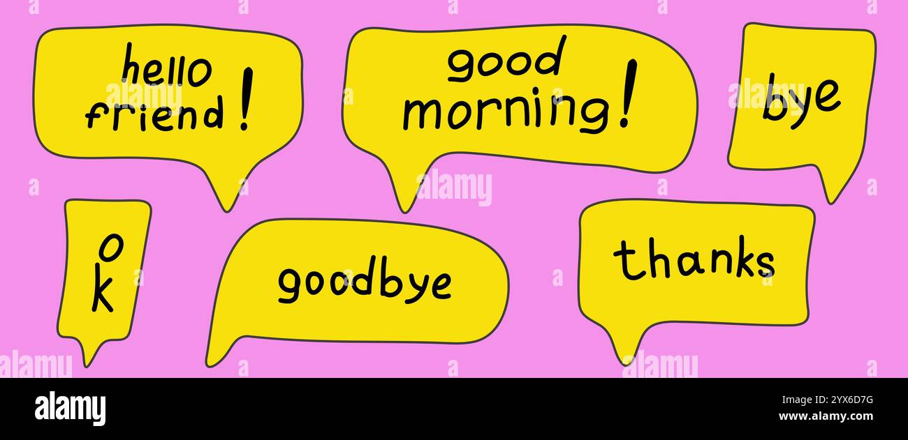 Bolle gialle con parole disegnate a mano e scritte a mano Illustrazione Vettoriale
