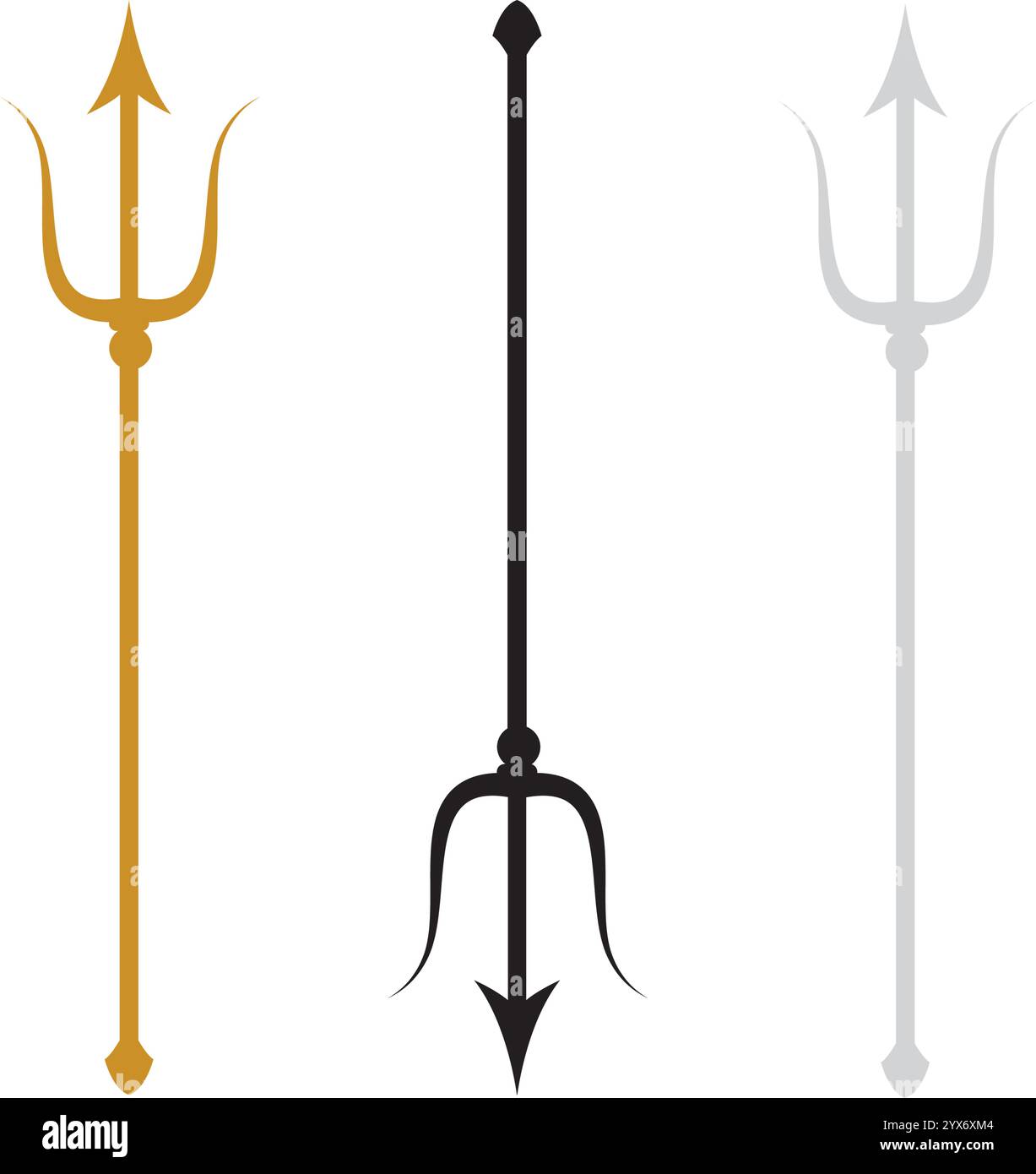 Set di icone Trident in oro, argento e nero. Raccolta del forcone Devil isolata. Lancia tridentale demone. Illustrazione vettoriale piatta e minima Illustrazione Vettoriale