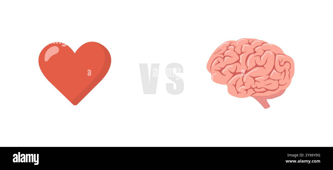 Cervello contro cuore. Concetto di scelta logica e sensoriale. Emozione ed equilibrio intellettivo. Icone piatte isolate su sfondo bianco. Illustrazione vettoriale nel cartone animato Illustrazione Vettoriale