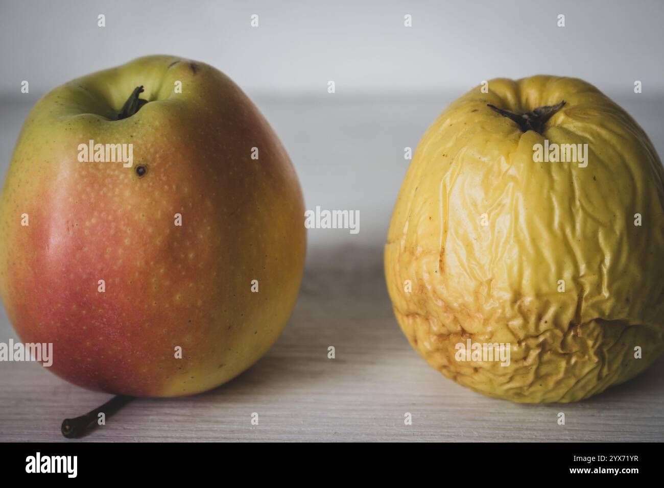 Mela fresca e marce su sfondo bianco. Mela rossa fresca e mela spiegazzata. Concetto giovane e vecchio. Concetto di processo di invecchiamento. Concetto di cura della pelle. Foto Stock