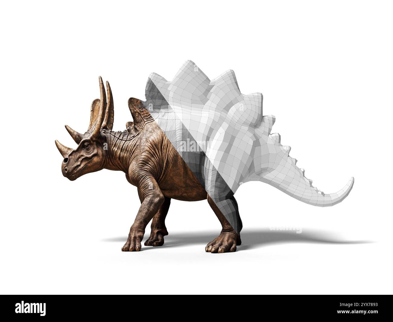 Uno stegosauro cornuto su sfondo bianco, che sembra maestoso. Rendering 3D. Foto Stock