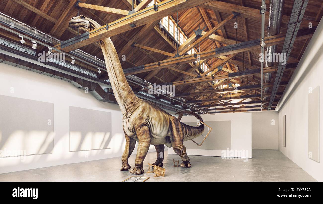 Dinosauro in una galleria d'arte con travi in legno e design industriale. rendering 3d. Foto Stock