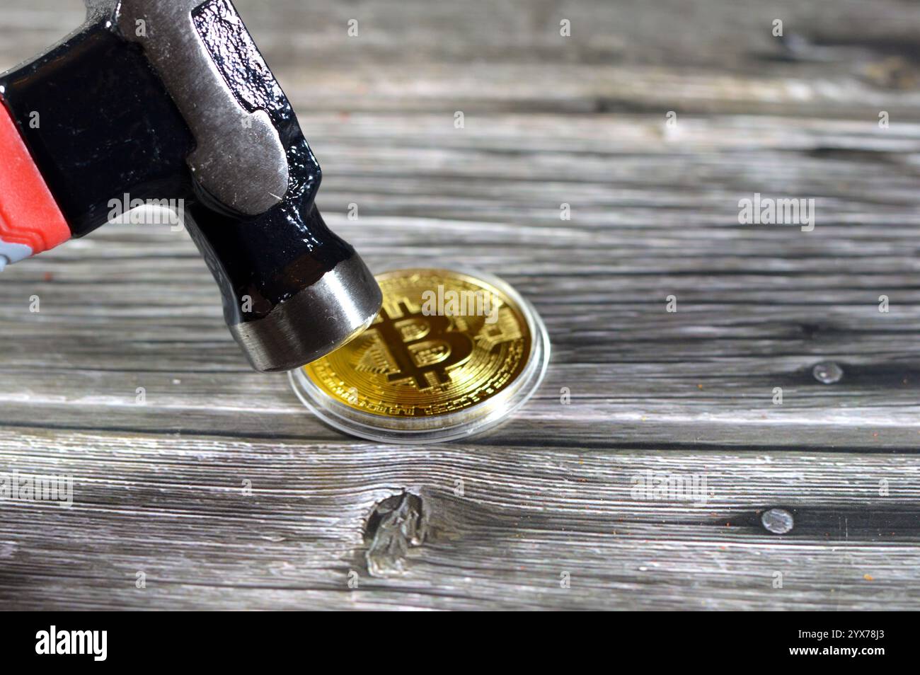 Un martello e un bitcoin d'oro fisico, BTC la prima criptovaluta decentralizzata, la valuta digitale del bitcoin si blocca, la diminuzione del valore e la caduta di BTC ma Foto Stock