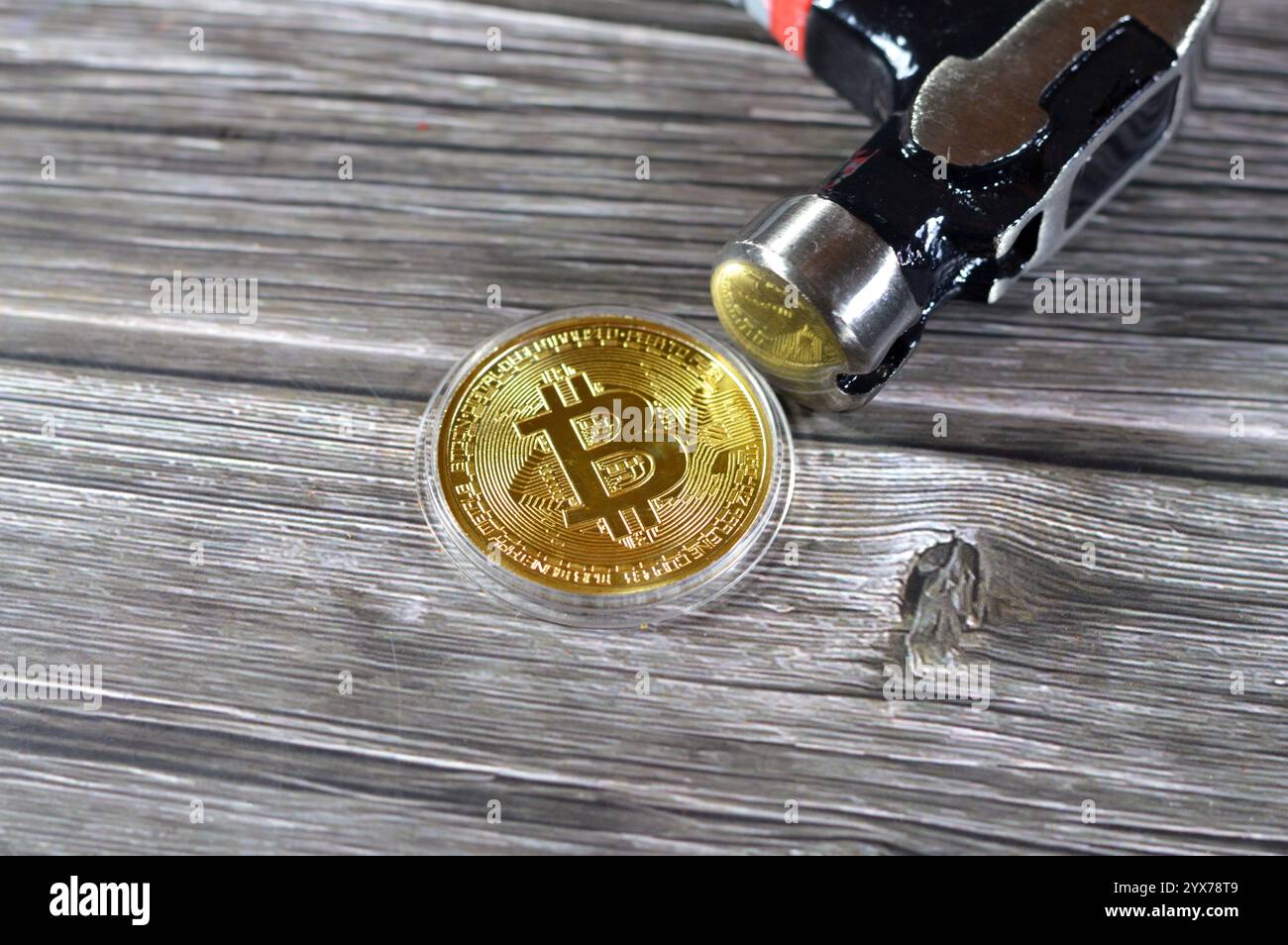 Un martello e un bitcoin d'oro fisico, BTC la prima criptovaluta decentralizzata, la valuta digitale del bitcoin si blocca, la diminuzione del valore e la caduta di BTC ma Foto Stock
