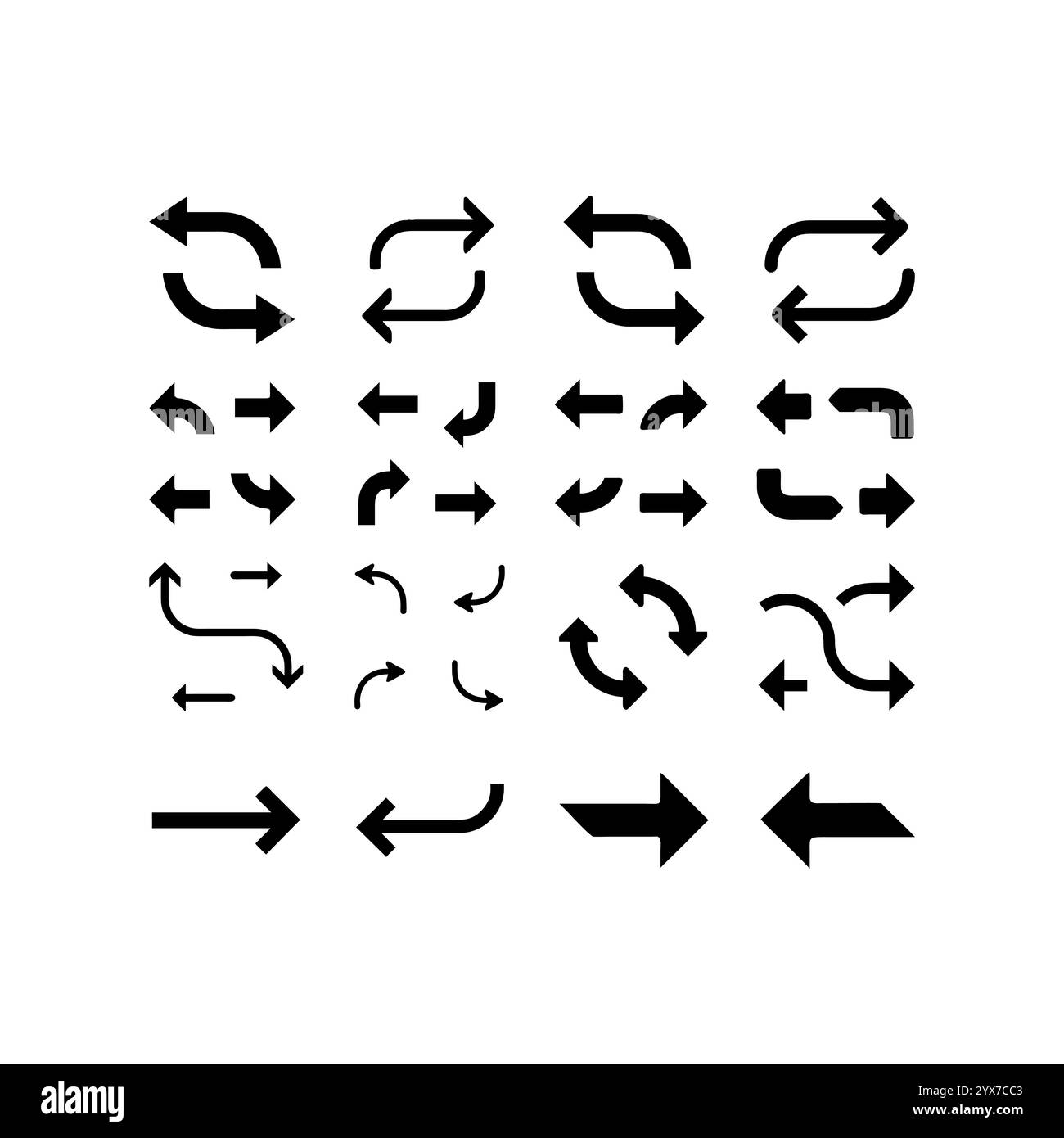 Set di icone nere con frecce curve, linee semplici frecce nere disegnate a mano in vari stili, icone con frecce lunghe e curve ondulate, illustrazione vettoriale. Illustrazione Vettoriale
