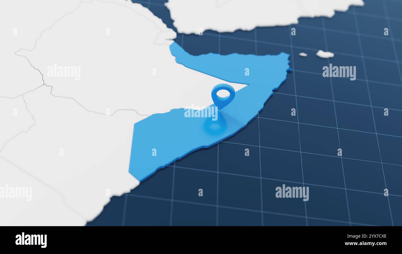 Mappa 3d della Somalia blu con puntino circondato da altri paesi in bianco. Europa carta politica con confini. illustrazione di rendering 3d. Foto Stock