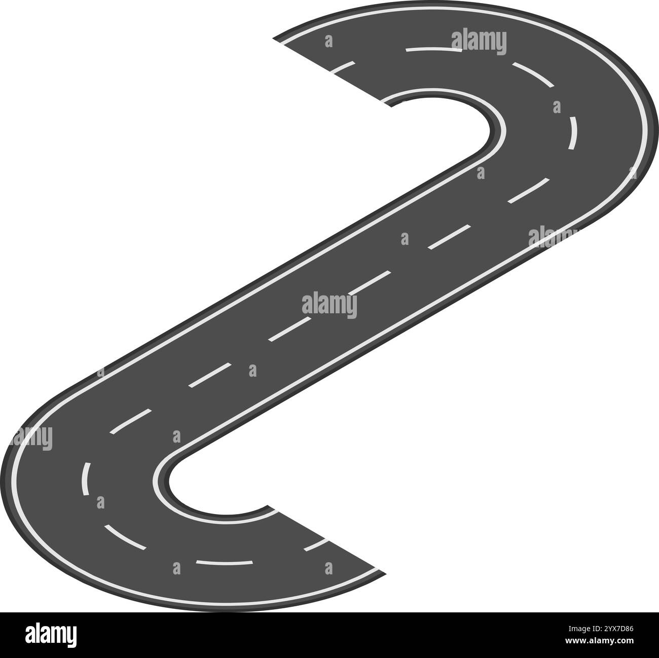 Strada tortuosa caratterizzata da due curve strette, che formano un'elegante forma a S, con strisce bianche che contrastano con uno sfondo bianco brillante, invitante Illustrazione Vettoriale