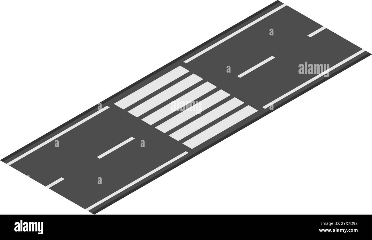Proiezione isometrica dell'attraversamento pedonale, caratterizzata da strisce bianche su fondo stradale asfaltato scuro, che garantisce un passaggio sicuro per le persone attraverso il traffico Illustrazione Vettoriale