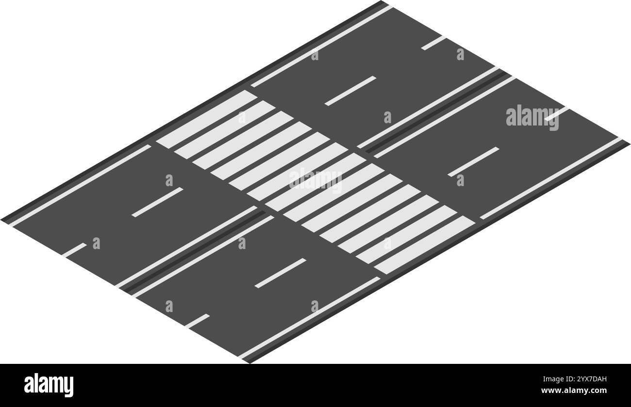 Vista isometrica di un passaggio pedonale su una strada a due corsie, che fornisce un passaggio sicuro per le persone dall'altra parte della strada, migliorando la sicurezza stradale e la città Illustrazione Vettoriale