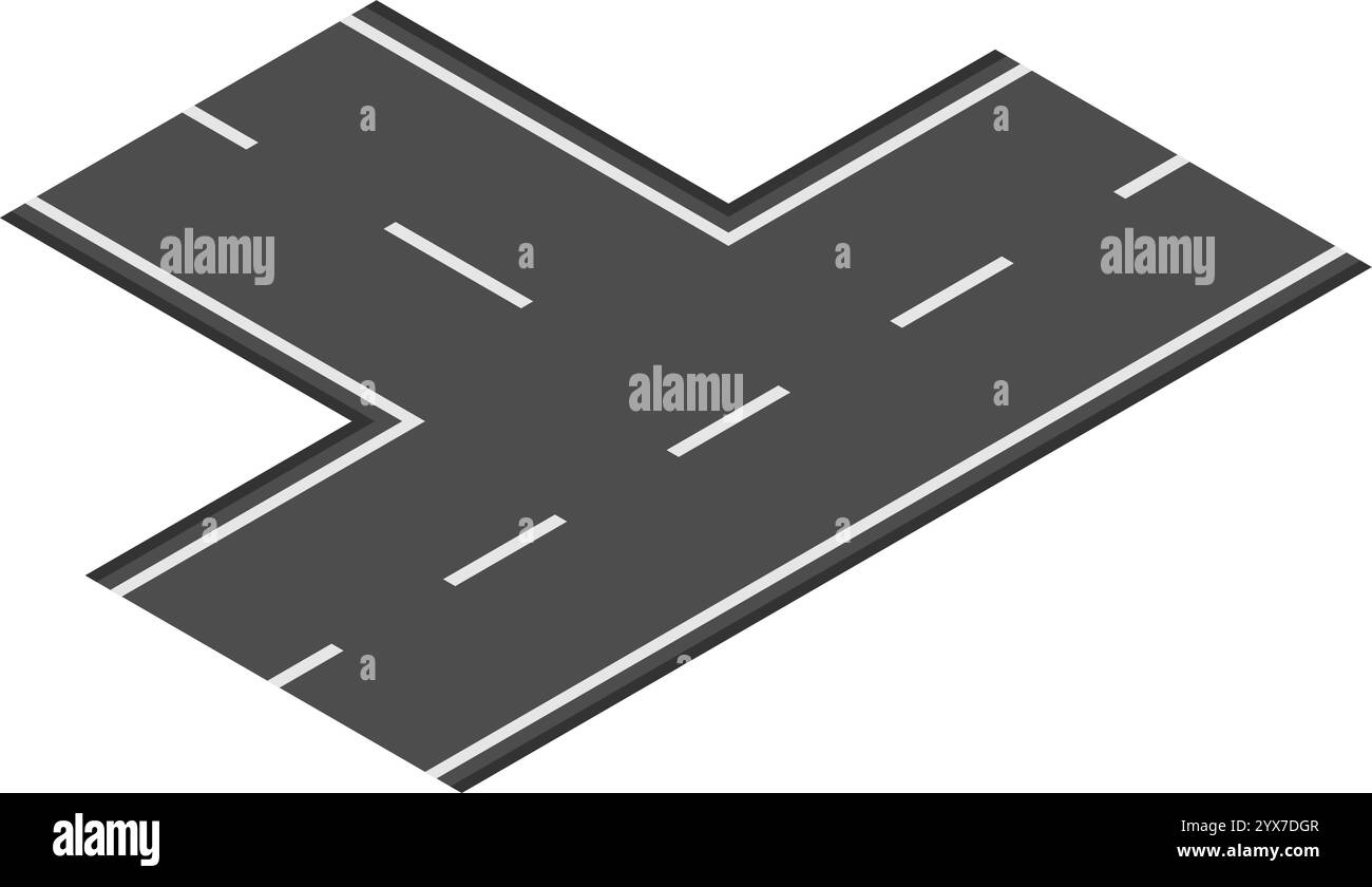Strada a due corsie a forma di Y che si dirama in direzioni diverse, con linee tratteggiate bianche che segnano chiaramente le corsie su una superficie di asfalto grigio scuro Illustrazione Vettoriale