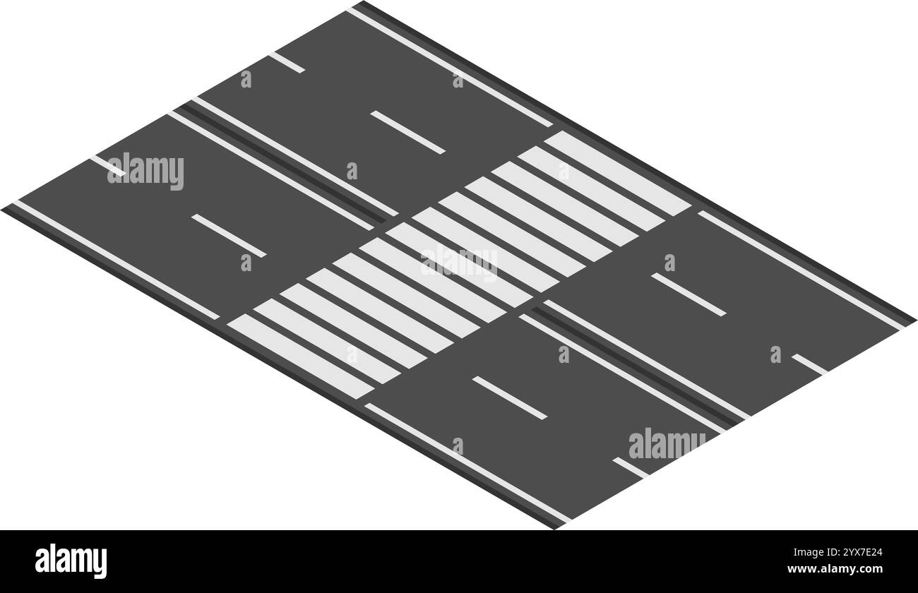 Vista isometrica che mostra un attraversamento pedonale segnato da strisce bianche su una strada asfaltata, creando un percorso sicuro per le persone che navigano nella città Illustrazione Vettoriale