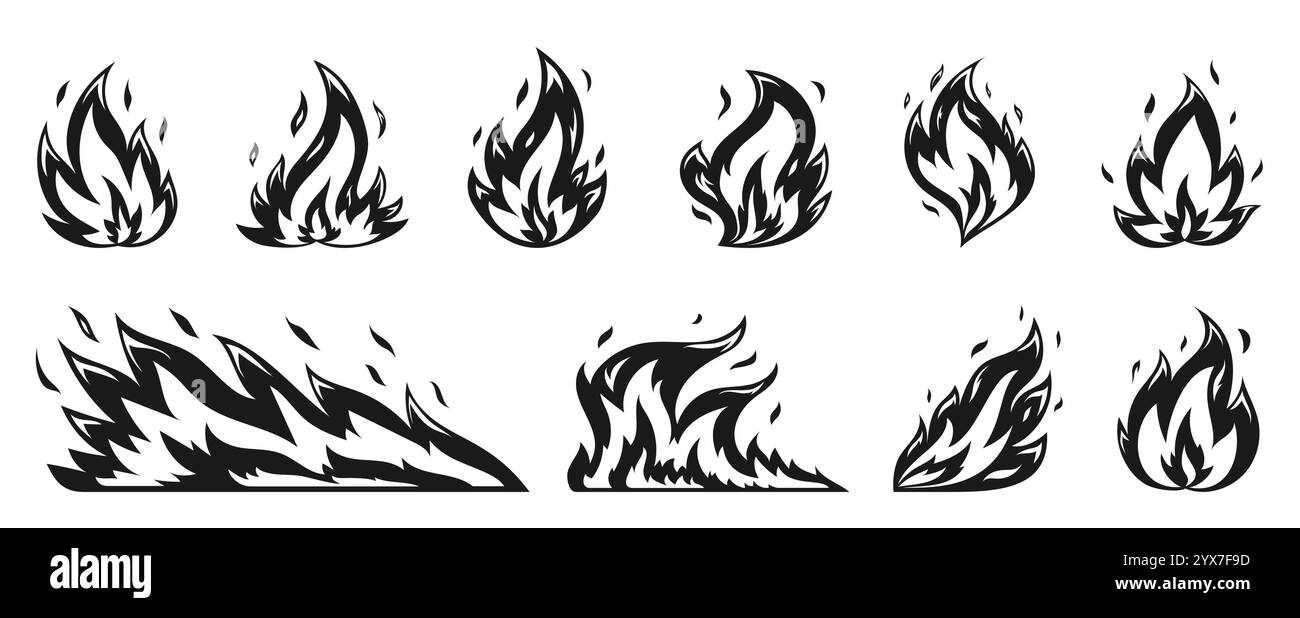 Fiamme da fuoco con scintille. Palla di fuoco nera, fuoco di fuoco, falò ardente, fuoco di fuoco da campo, elementi di accensione su sfondo bianco. Simboli fiammeggianti per gas naturale. Segnali di energia e potenza per il timbro Illustrazione Vettoriale