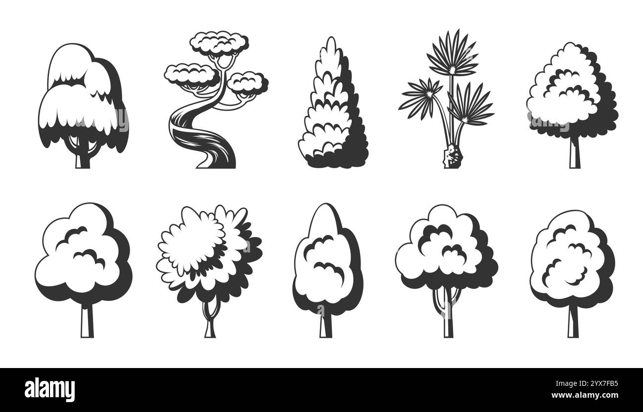 Gruppo di icone ad albero. Salice Dracaena cipresso thuja pino pioppo betulla abete baobab palma sequoia aspen Alder frassino tiglio acacia castagna. Vista laterale dello stencil nero delle piante ecologiche stilizzate della foresta Illustrazione Vettoriale