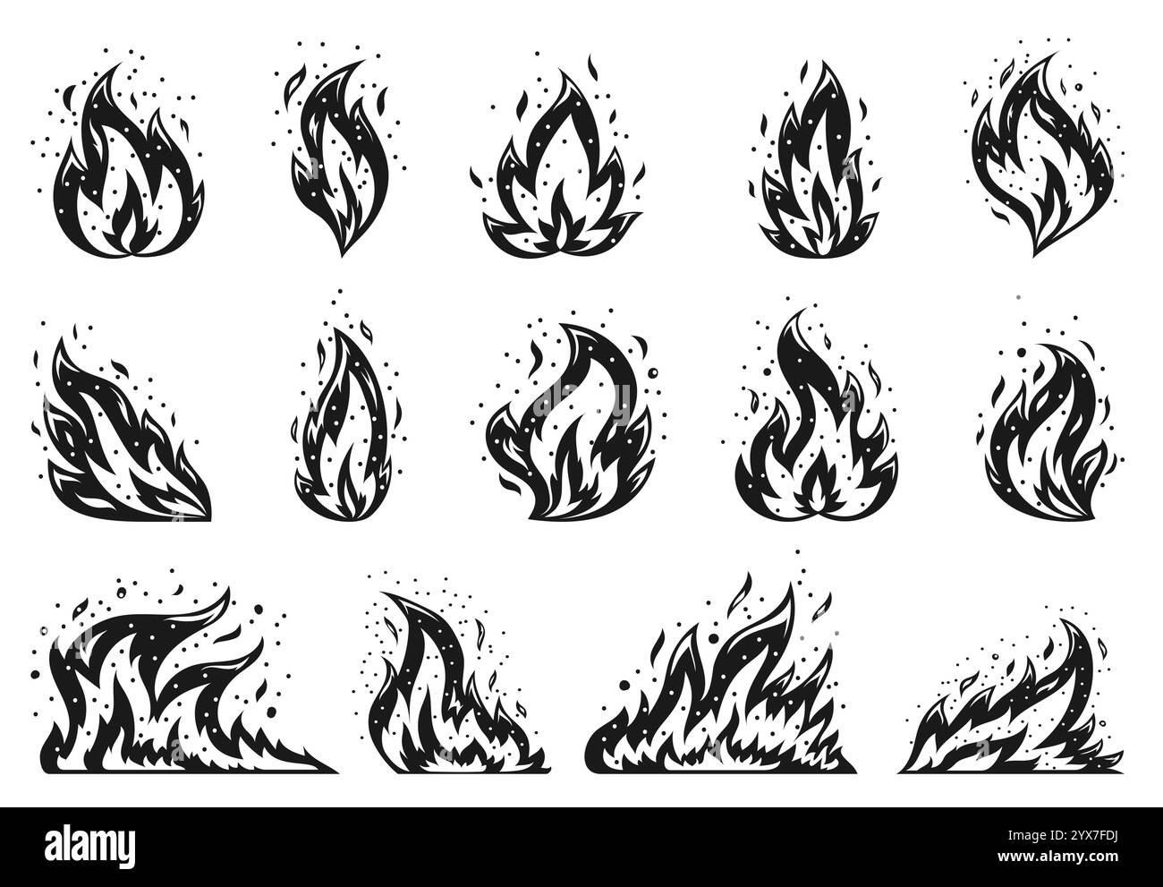 Fuoco dei cartoni animati. Fiamme scintillanti. Temperature elevate che infiammano incendi pericolosi. Ignifugo, calore infiammabile pericolo esplosione fiamme simbolo energia fiamme piatte. Stencil per stampaggio nero fai da te Illustrazione Vettoriale