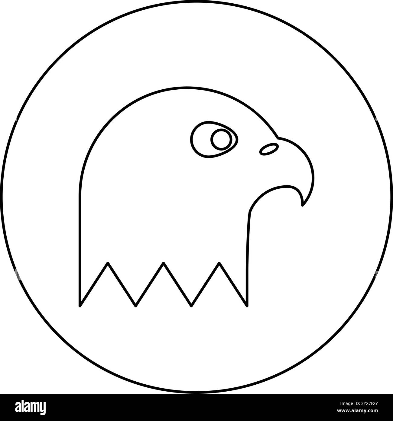 L'icona della testa dell'aquila in un cerchio di colore nero, immagine vettoriale, contorno linea sottile, stile semplice Illustrazione Vettoriale