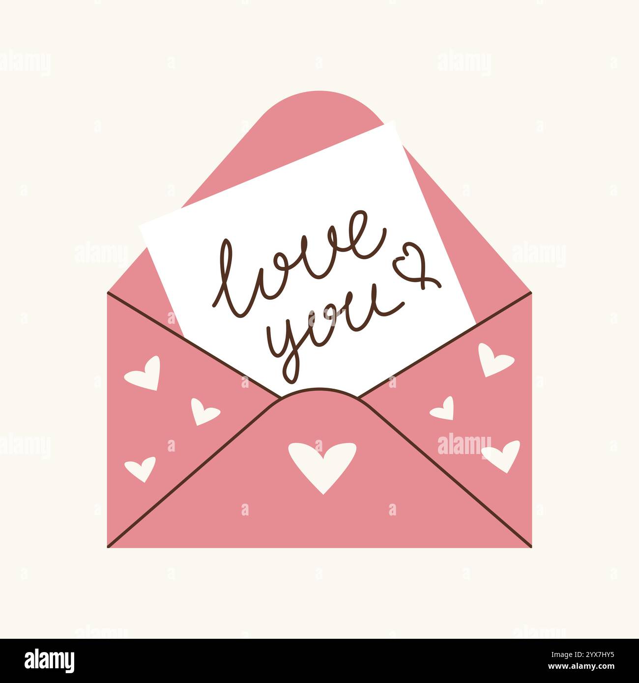 Una cartolina in una busta con dichiarazione d'amore, calligrafia, congratulazioni per San Valentino, matrimonio, elemento di design. Illustrazione Vettoriale