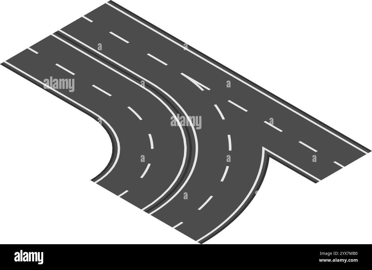 Vista isometrica di una rampa autostradale che unisce il traffico che scorre sulla strada principale, creando una transizione fluida per i veicoli che entrano o escono dall'autostrada Illustrazione Vettoriale