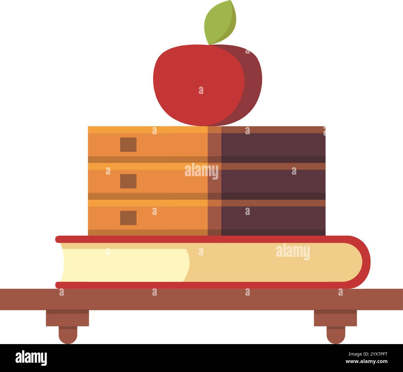 I libri e i quaderni impilati che supportano una mela rossa, simboleggiano la conoscenza, l'apprendimento e l'istruzione, sono posizionati su uno scaffale di legno, creando un ritorno a. Illustrazione Vettoriale