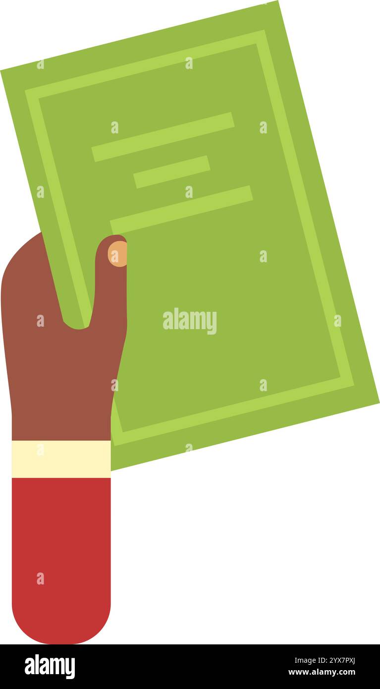 Mano con in mano un documento verde, possibilmente una relazione, un contratto o altri documenti importanti, che simboleggiano gli accordi commerciali, finanziari e legali Illustrazione Vettoriale