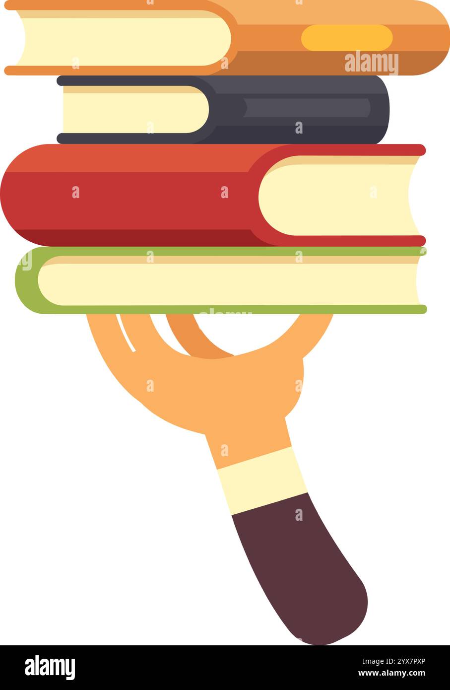 La mano regge delicatamente una pila di libri colorati, simboleggiando la conoscenza, l'apprendimento e la gioia di leggere, perfetti per progetti educativi o legati ai libri Illustrazione Vettoriale