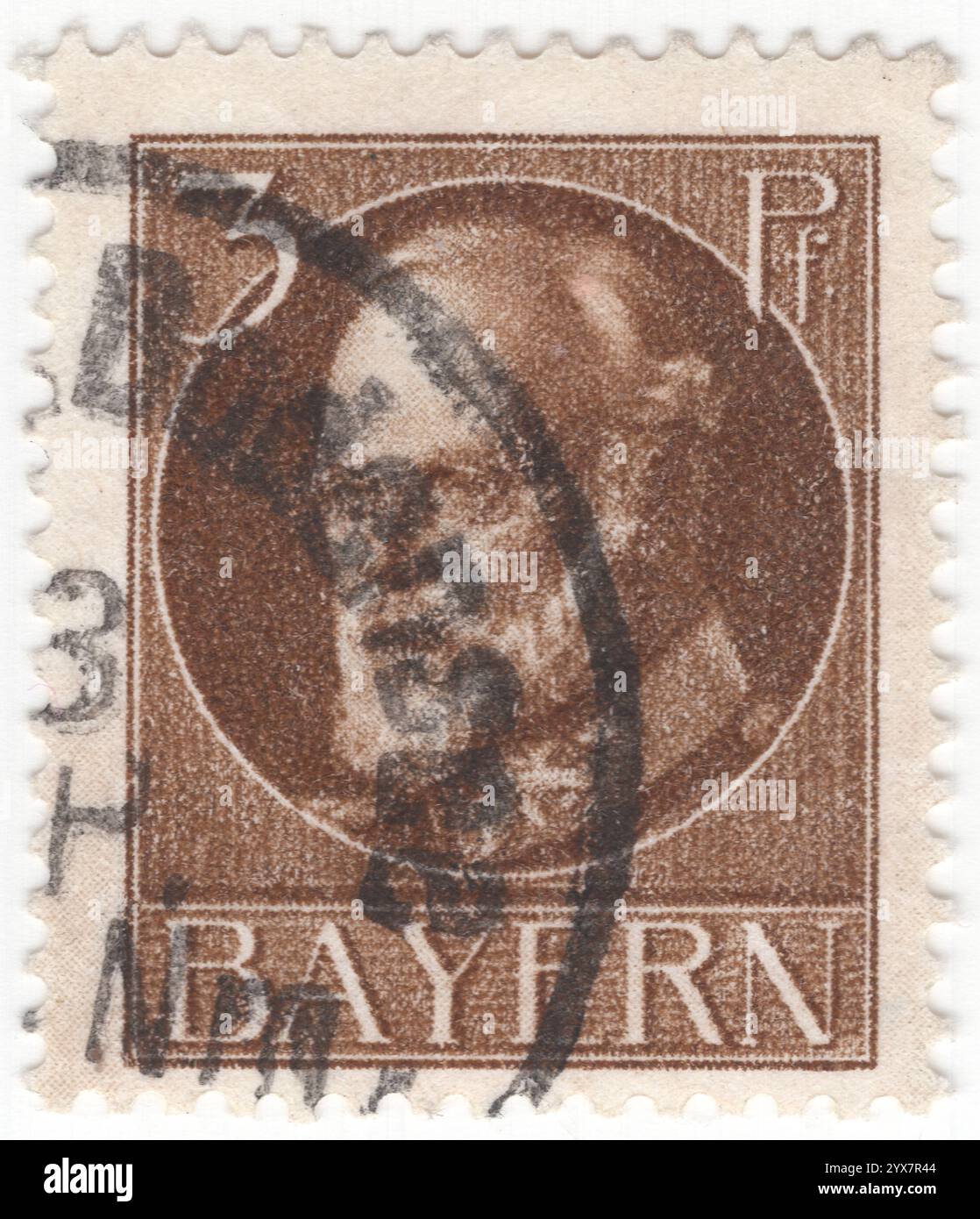 BAVIERA — 1914 marzo 30: Francobollo marrone 3 pfennig raffigurante il ritratto di Re Ludovico III (Ludwig Luitpold Josef Maria Aloys Alfred; 7 gennaio 1845 – 18 ottobre 1921) fu l'ultimo re di Baviera, regnante dal 1913 al 1918. Inizialmente, prestò servizio nell'esercito bavarese come tenente e continuò a mantenere il grado di Oberleutnant durante la guerra austro-prussiana. Entrò in politica all'età di 18 anni diventando un membro del parlamento bavarese e partecipò attivamente alla politica, sostenendo le riforme elettorali. Più tardi, servì come reggente e de facto capo di stato dal 1912 al 1913 Foto Stock