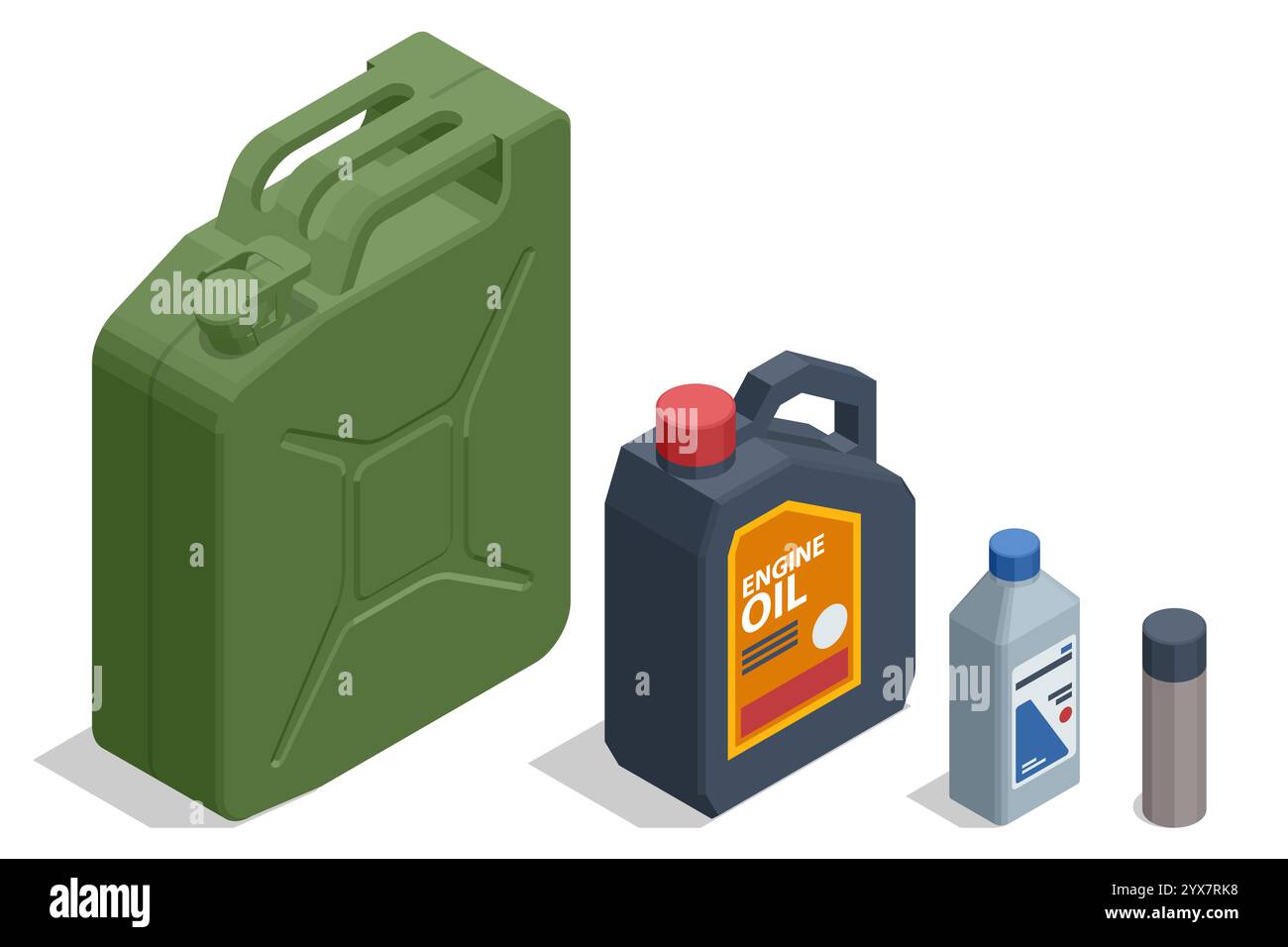 Un'illustrazione isometrica degli interventi di manutenzione del veicolo, tra cui un contenitore carburante verde, un contenitore nero di olio motore, una bottiglia con tappo blu e uno spray Illustrazione Vettoriale