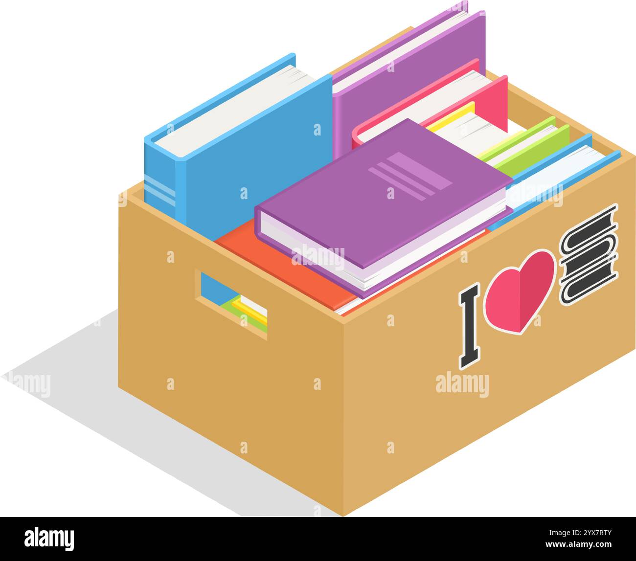 La scatola di cartone contenente libri colorati con un adesivo i Love Books promuove la gioia e l'importanza della lettura, simboleggiando la passione per la letteratura Illustrazione Vettoriale