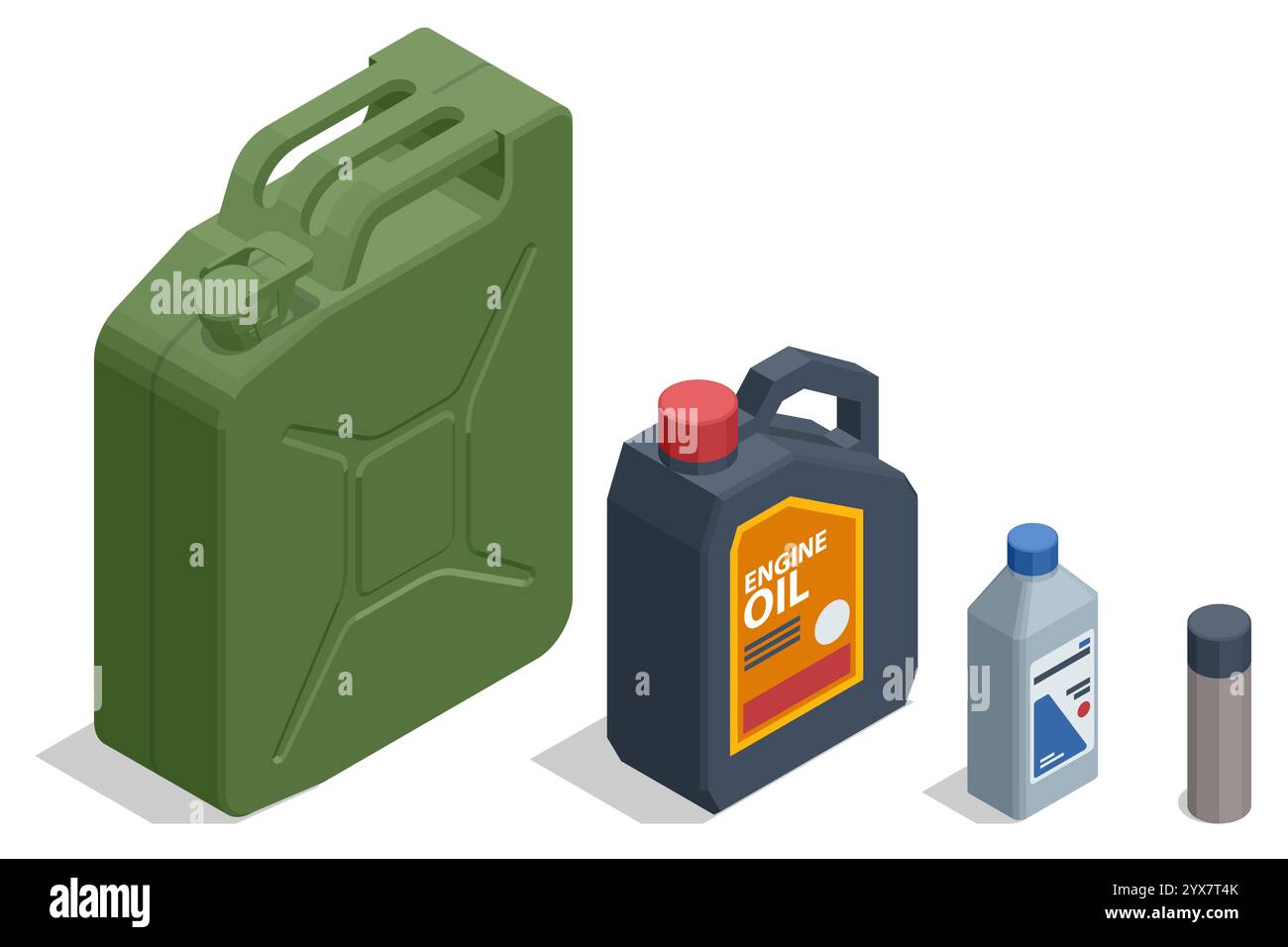 Un'illustrazione isometrica degli interventi di manutenzione del veicolo, tra cui un contenitore carburante verde, un contenitore nero di olio motore, una bottiglia con tappo blu e uno spray Illustrazione Vettoriale