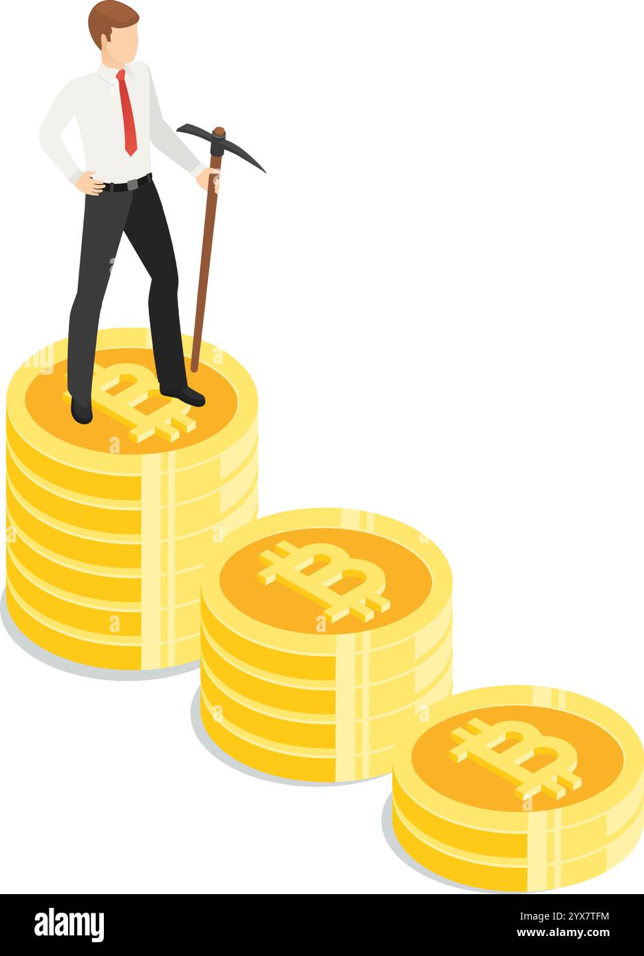 Uomo d'affari che detiene piccone in piedi su una crescente serie di monete di criptovaluta che rappresentano il successo dell'estrazione mineraria e degli investimenti in una visione isometrica Illustrazione Vettoriale