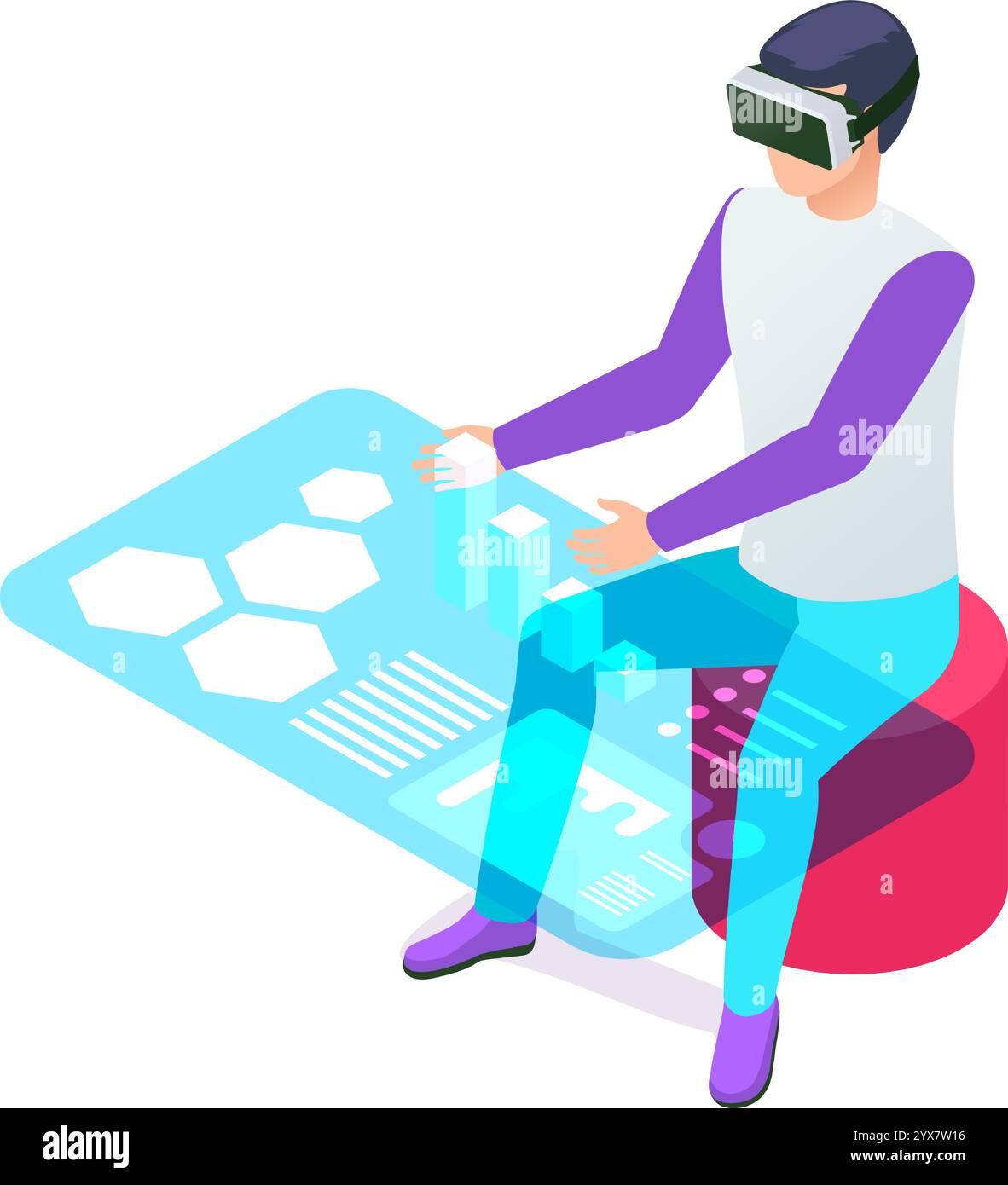 Lo sviluppatore di software che indossa un visore vr è seduto e interagisce con i dati della realtà virtuale, manipolando grafici olografici e diagrammi con il suo Illustrazione Vettoriale