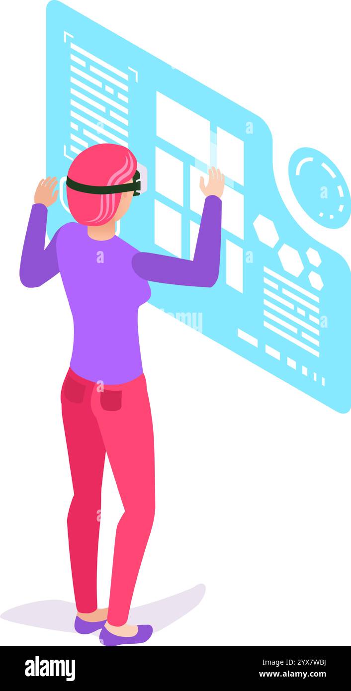 Sviluppatore di software che indossa occhiali per realtà virtuale che interagiscono con l'interfaccia olografica utilizzando la tecnologia di realtà aumentata, sperimentando un'esperienza immersiva Illustrazione Vettoriale