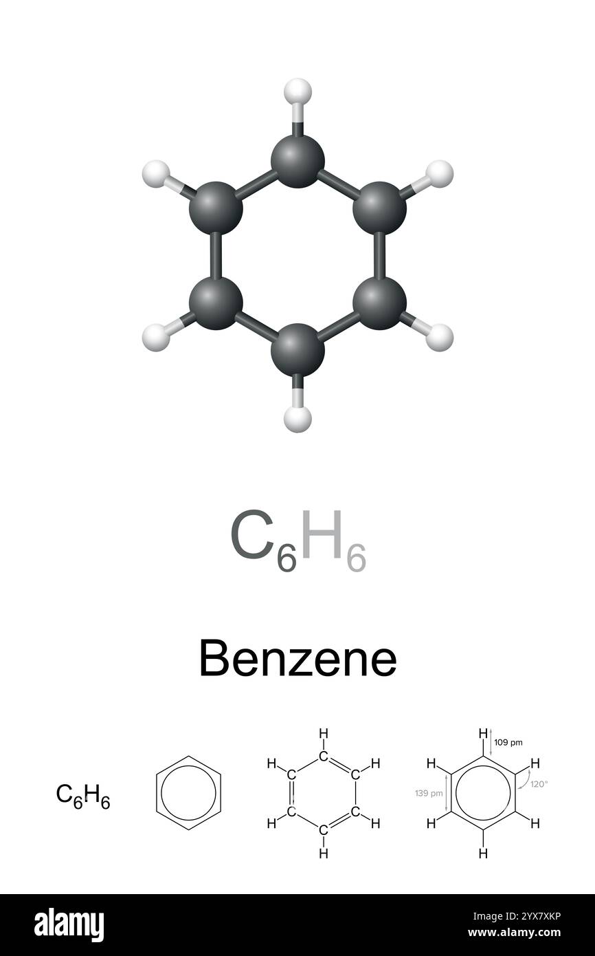 Benzene, benzolo, C6H6, modello molecolare e formula chimica. Composto organico, idrocarburi aromatici di 6 atomi di carbonio Uniti in un anello esagonale planare. Foto Stock